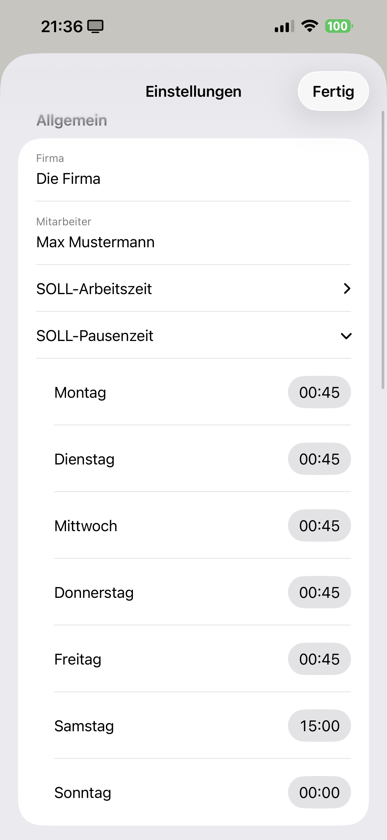 SOLL-Pausenzeit pro Wochentag
