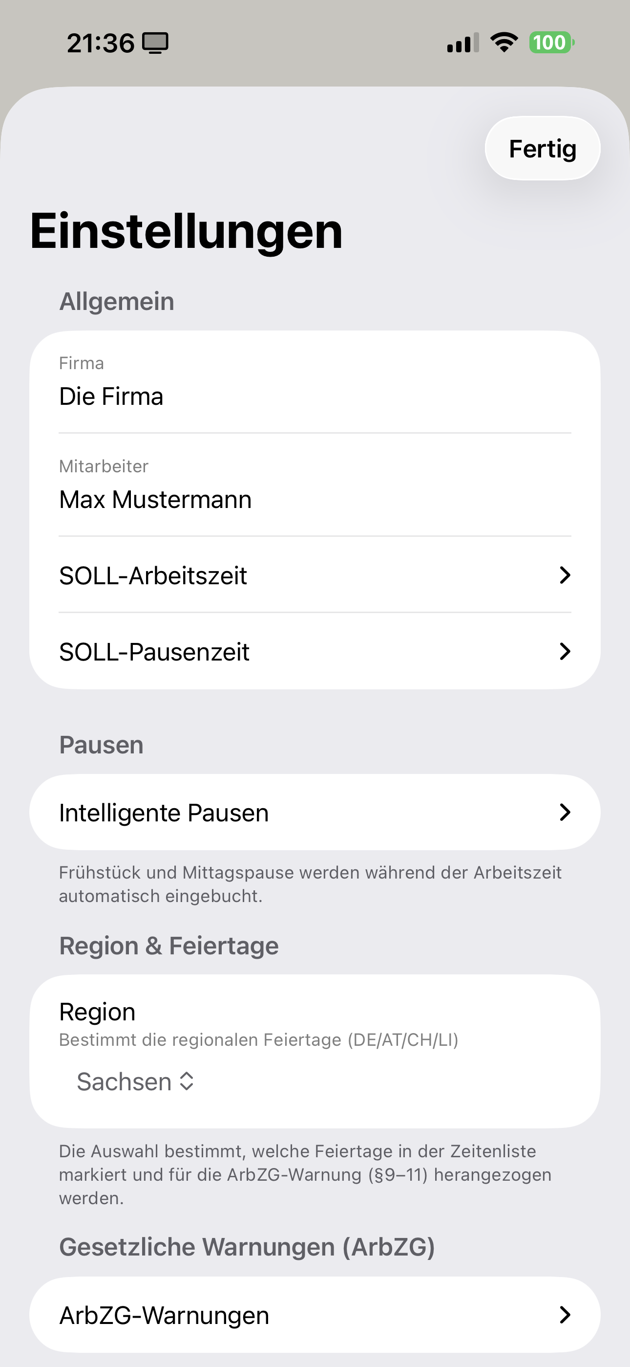 Settings — Region und Feiertage