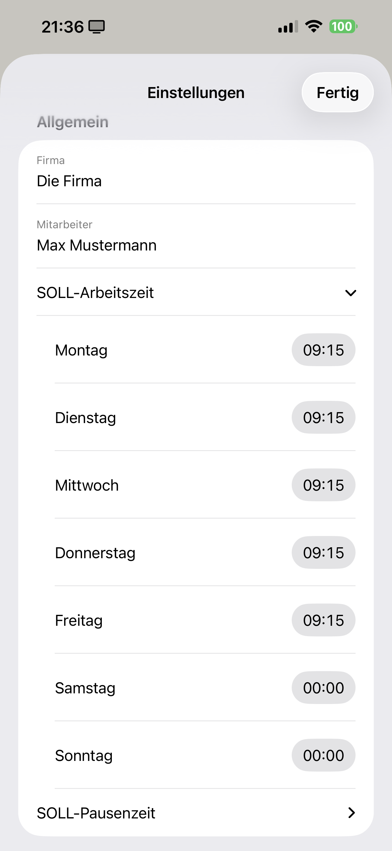SOLL-Arbeitszeit pro Wochentag