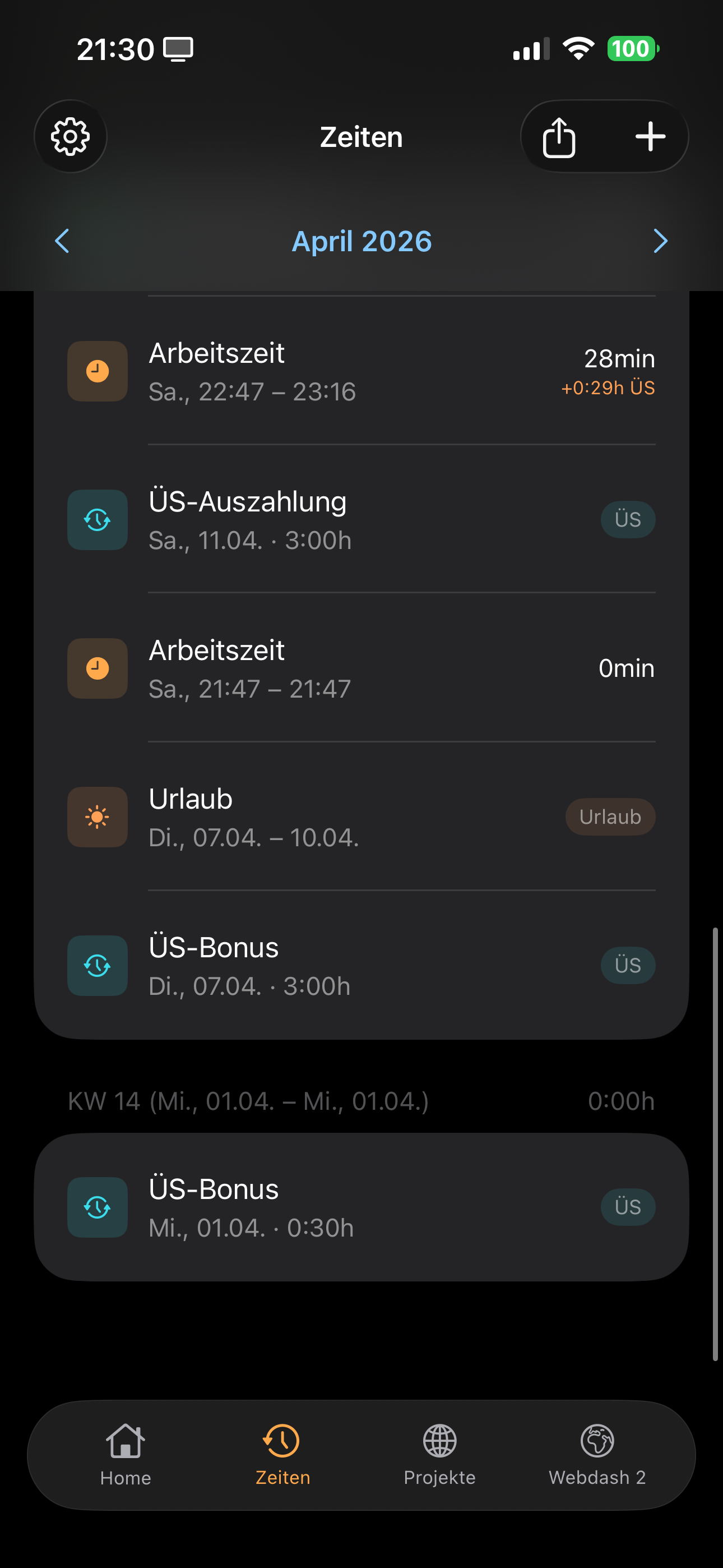 Zeitro Zeiten — alle Entry-Typen in einer Liste