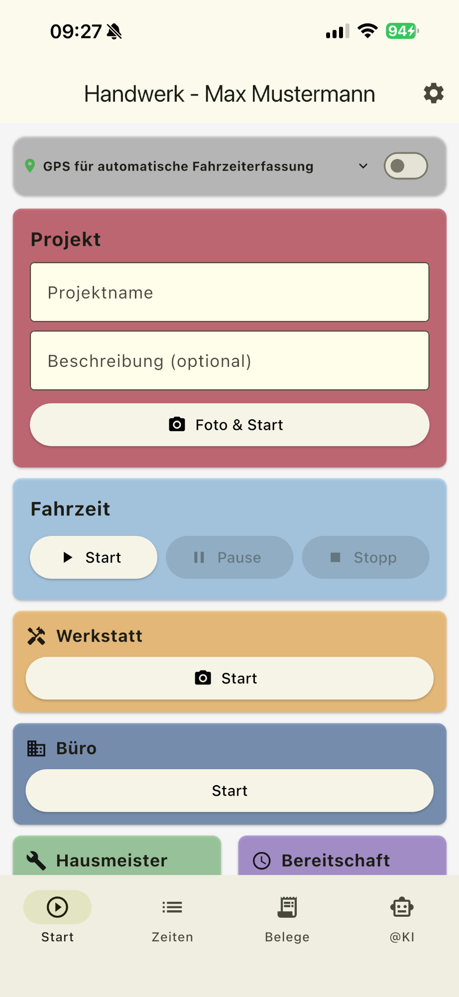 Zeitro Hauptscreen mit Projekt und GPS